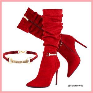 Faux Suede Knee High Booties 4" Stiletto Heel Pointed Toe Side Zipper